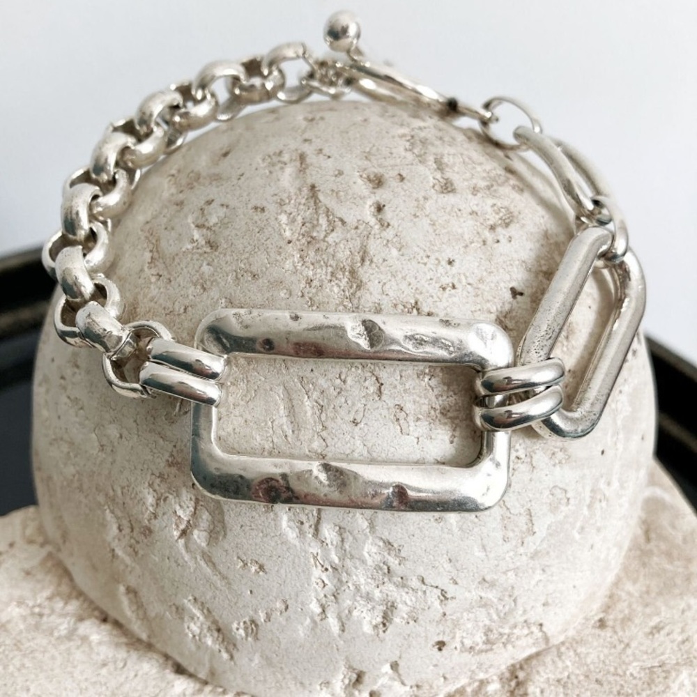 Stainless Steel Rectangular Bracelet Boho Hammered Chain Link
